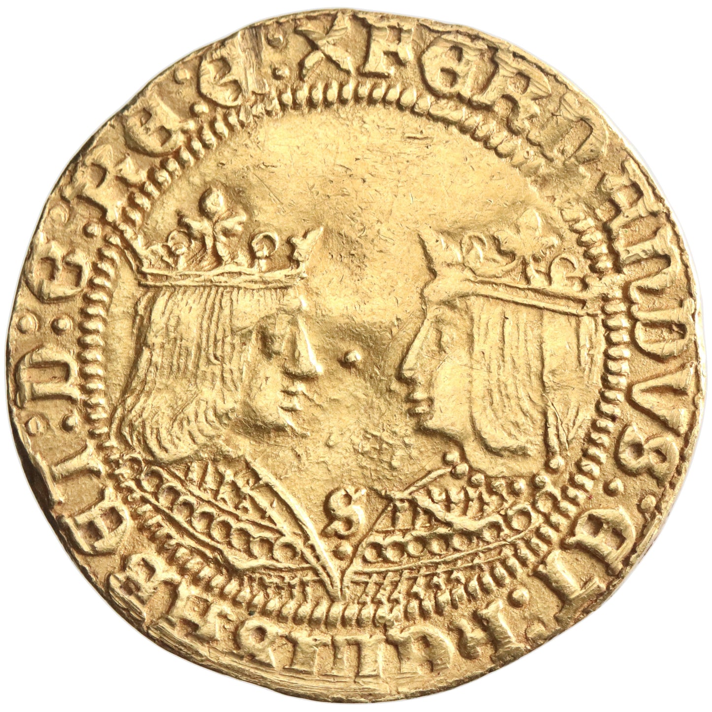 Spain, Castile and León, Ferdinand V and Isabella I, gold 2 excelentes (dobla), Seville mint, 1497-1504 CE, busts of "the Catholic royals" / coat-of-arms surmounted by eagle