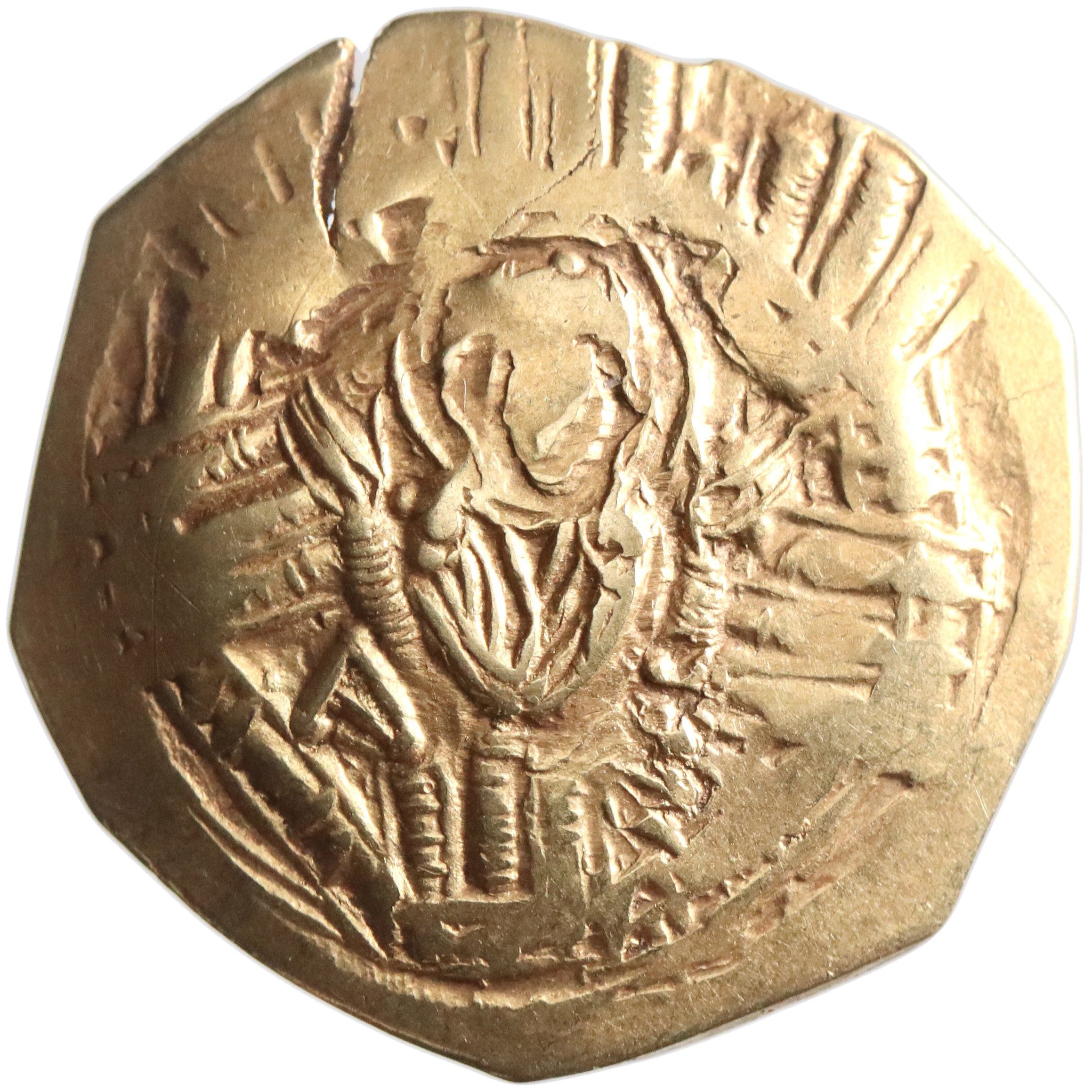 Byzantine, Andronicus II, gold/electrum hyperpyron, Constantinople mint, 1282-1294 CE, bust of orans Virgin Mary within walls of the city / Christ holding gospel and placing right hand on head of Andronicus II