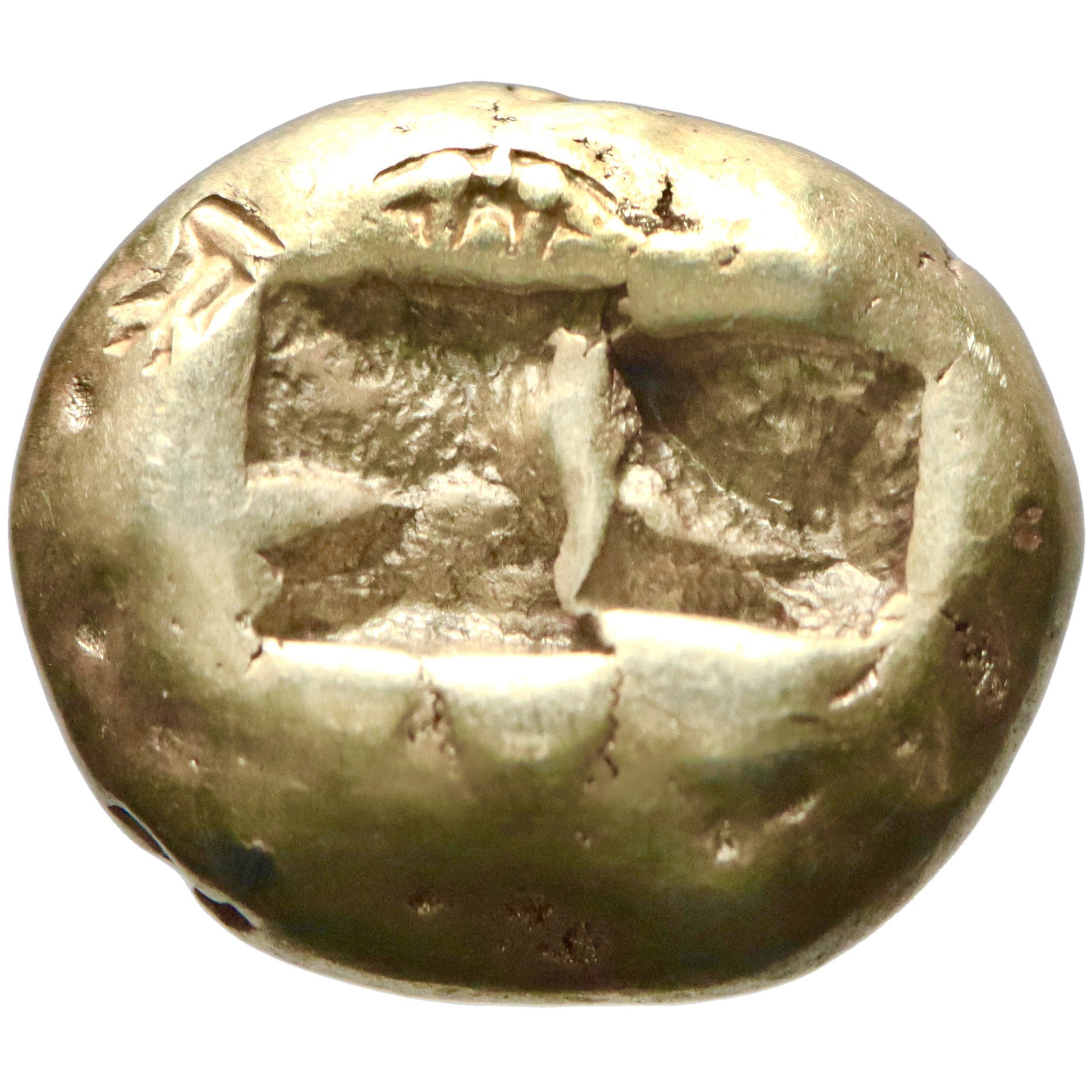 Kingdom of Lydia, Alyattes to Kroisos, gold/electrum trite (1/3 stater), Sardes mint, 610-546 BCE, head of lion right; sun and rays above / two incuse squares, Birth of Coinage series