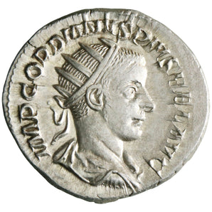 Roman: Gordian III (238-244), silver antoninianus (4.11g), Rome mint, 238-244 CE. Jupiter standing front, looking right holding sceptre and thunderbolt.
