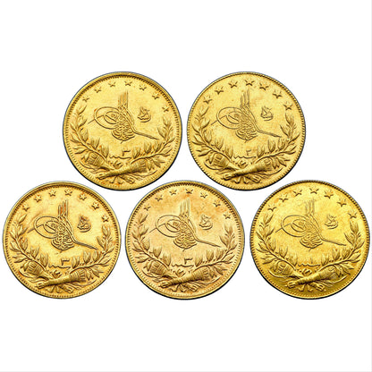 Ottoman, Mehmed V, set of 5 gold 100 kurush, complete set of mint-visit issues