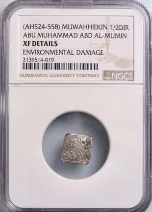 Almohad: Abu Muhammad 'Abd al-Mu'min ibn 'Ali (1130-1163), silver square 1/2 dirham, AH 524-558 (1130-1163 CE). NGC XF Details -Environmental Damage. Rare.
