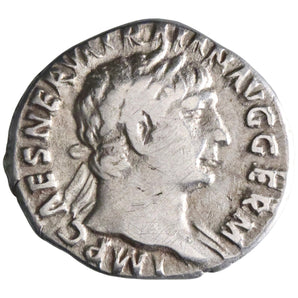 Roman: Trajan (98-117), silver denarius (3.17g), Rome mint, 101-102 CE. Hercules standing front on altar, holding club and lion-skin.