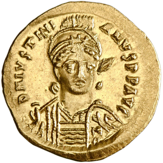 Byzantine, Justinian I, gold solidus, Constantinople mint, officina I, 527-538 CE, Justinian / Victory