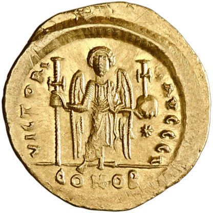 Byzantine, Justinian I, gold solidus, Constantinople mint, officina I, 527-538 CE, Justinian / Victory