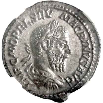 Roman Empire, Macrinus, silver denarius, Rome mint, 217-218 CE, Jupiter, NGC Ch AU