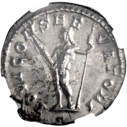 Roman Empire, Macrinus, silver denarius, Rome mint, 217-218 CE, Jupiter, NGC Ch AU