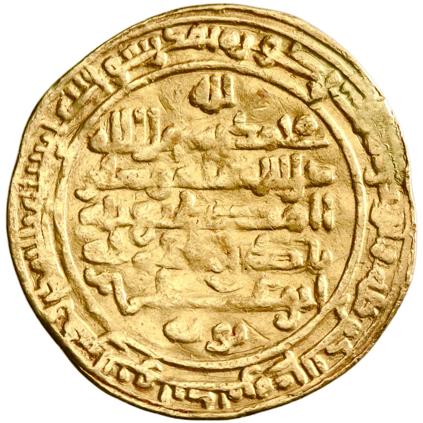 Buwayhid, Mu'izz al-Dawla Ahmad, gold dinar, Madinat al-Salam (Baghdad) mint, AH 353, citing al-Muti', 'Izz al-Dawla and Rukn al-Dawla