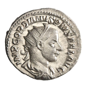 Roman: Gordian III (238-244), silver antoninianus (4.40g), Rome mint, 238-244 CE. Radiate, draped, and cuirassed bust / Sol standing and holding globe.